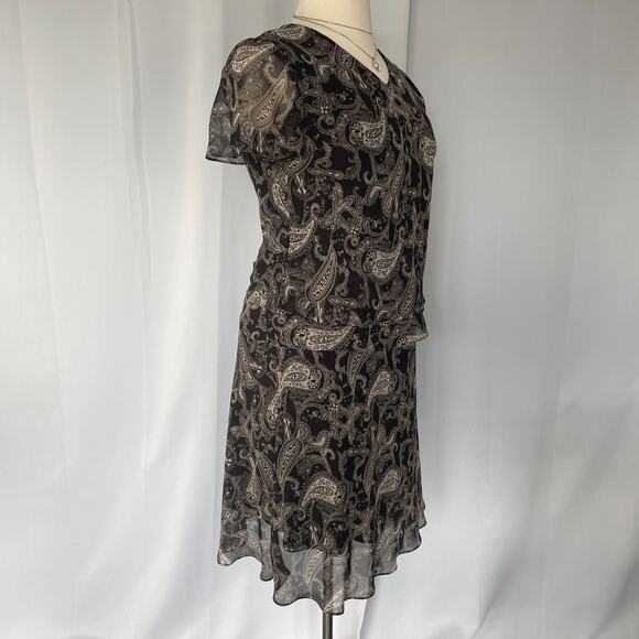 Skirt Set Size 14 Black Beige Paisley Flutter Short Sleeve A Line Y2K 2 Piece - Picture 7 of 16